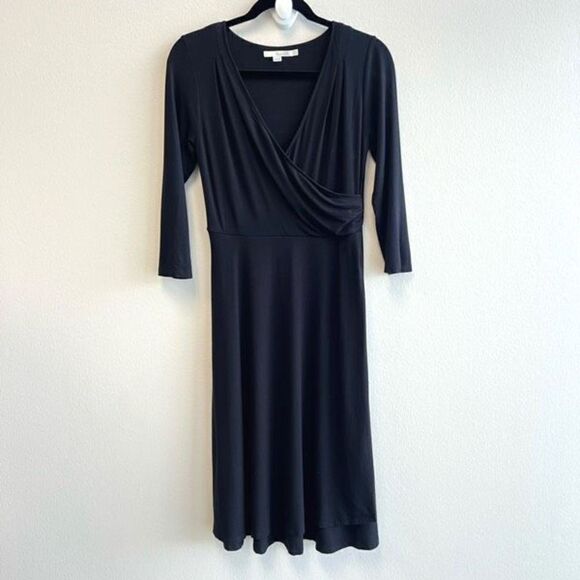 Boden Women’s 10 Deep Black Wrap Maxi Dress V Neck 3/4 Sleeve Stretch - Picture 1 of 8